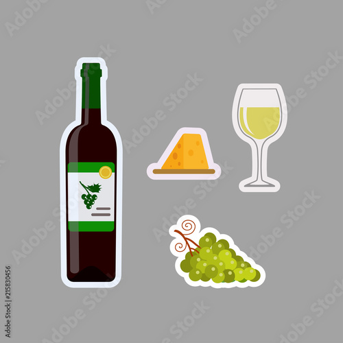 Stickers of bottle white, glass, grapes and cheese, isolated on gray background