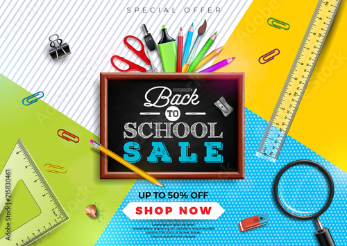 Back to school sale design with colorful pencil, brush and other school items on yellow background. Vector Illustration with Special Offer Typography Elements for Coupon, Voucher, Banner, Flyer