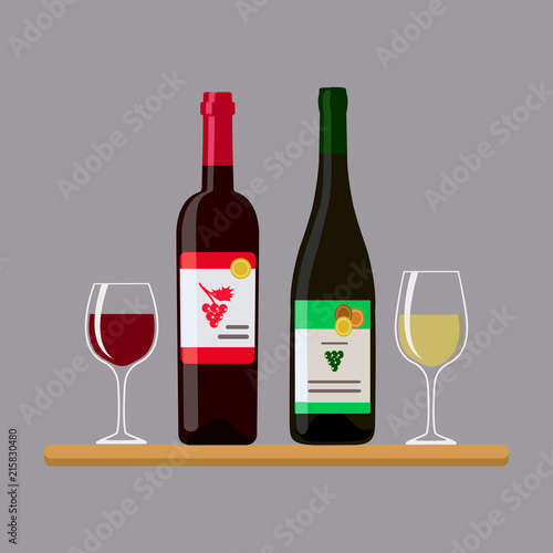 Two bottles wine and two glass, isolated on gray background