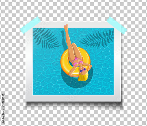Photo with a girl swimming in the pool. Cute blonde swims on the inflatable circle. Template for photo album. Vector illustration isolated on a transparent background