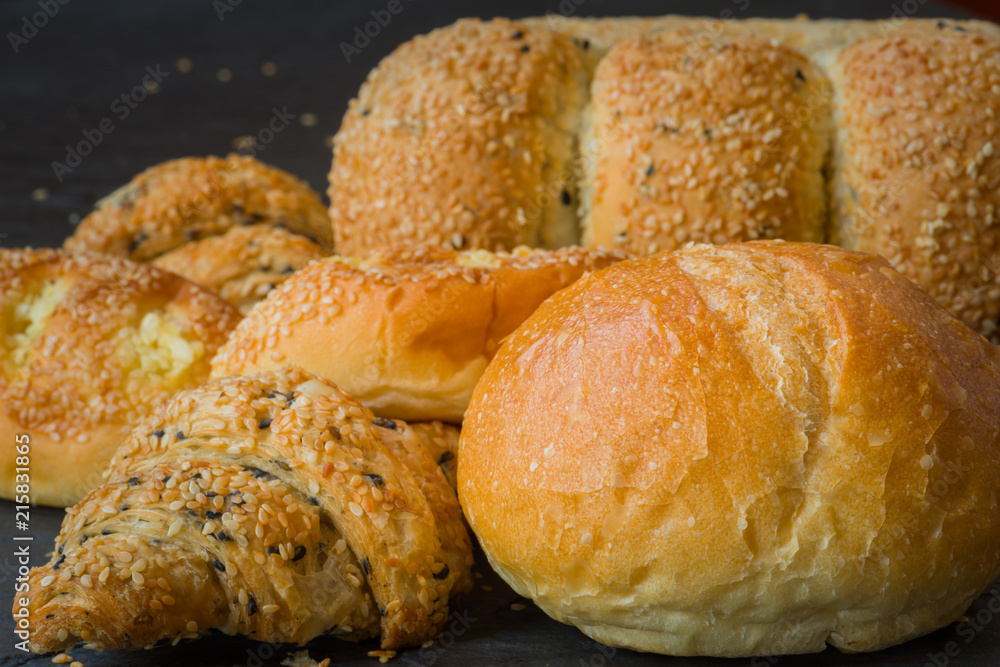 Closeup traditional homemade bakery bread with sesame Closeup traditional homemade bakery bread with sesame