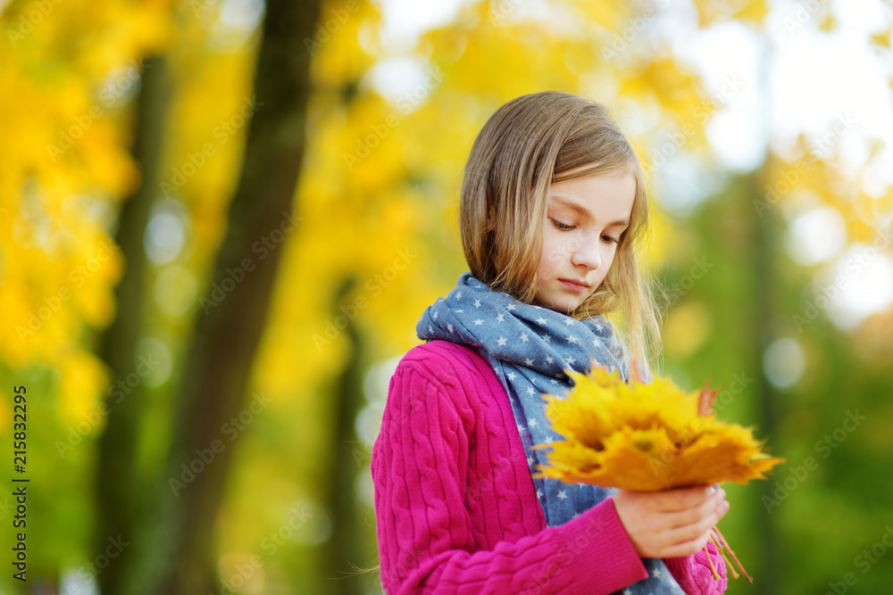 Cute little girl having fun on beautiful autumn day. Happy child playing in autumn park. Kid gathering yellow fall foliage. Cute little girl having fun on beautiful autumn day. Happy child playing in autumn park. Kid gathering yellow fall foliage.
