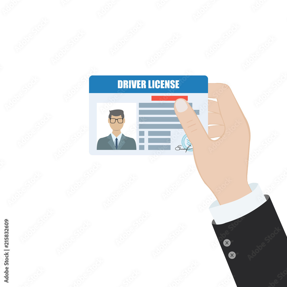 Hand holds a driver license. Indification card photo ID. Vector illustration in flat style isolated on white background Hand holds a driver license. Indification card photo ID. Vector illustration in flat style isolated on white background