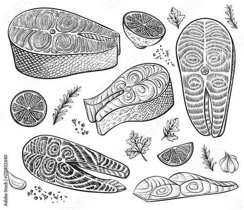 Fish fillet, steak and raw pieces with herbs and lemon. Seafood hand drawn vector sketch.
