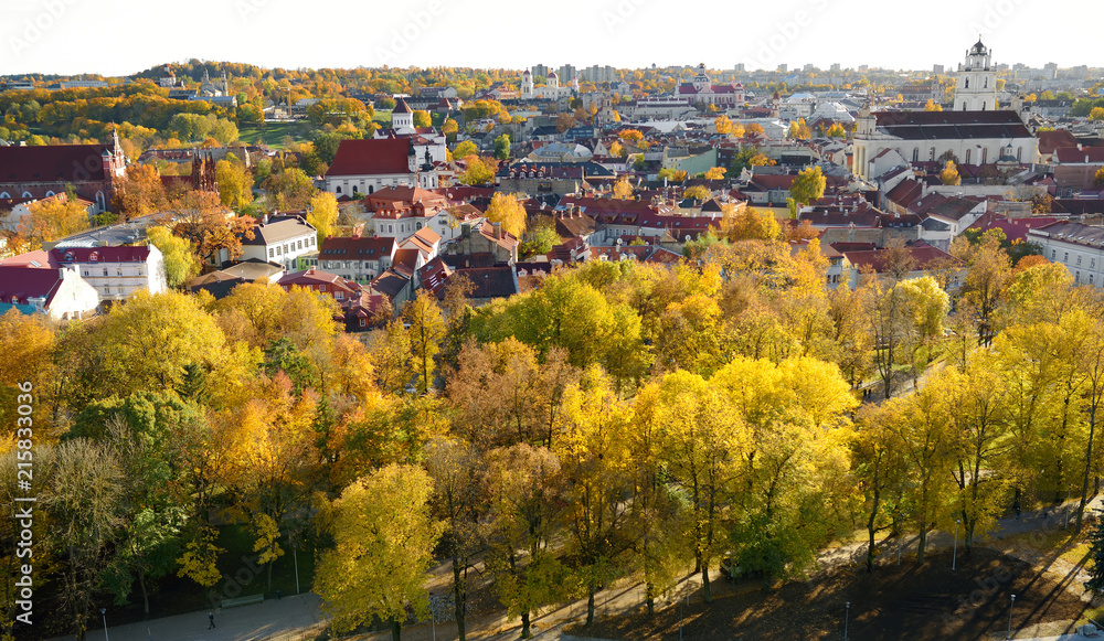 Beautiful autumn panorama of Vilnius old town taken from the Gediminas hill