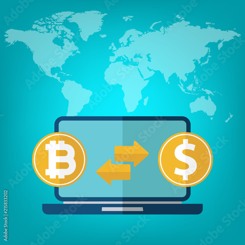 Bitcoin to dollar currency exchange. Cryptocurrency, bitcoin exchange. Vector illustration
