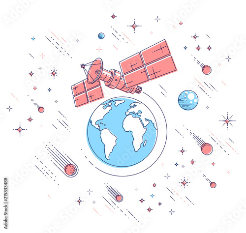 Communication satellite flying orbital spaceflight around earth, spacecraft space station with solar panels and satellite antenna plate, under meteor rain and stars. Vector.