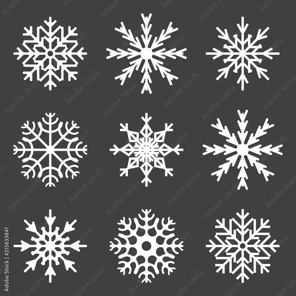Set of snowflake icons. Vector on a gray background.