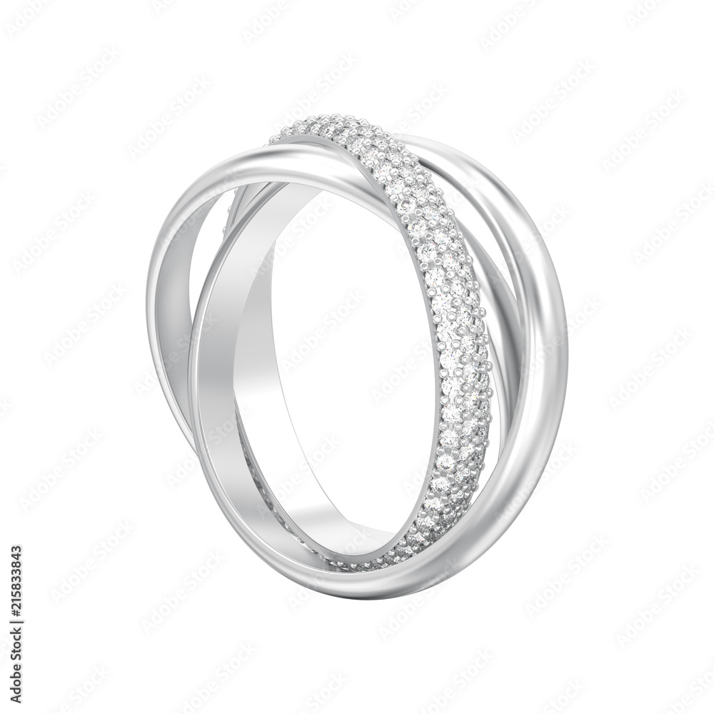 3D illustration isolated white gold or silver decorative three in one covered diamond ring 3D illustration isolated white gold or silver decorative three in one covered diamond ring