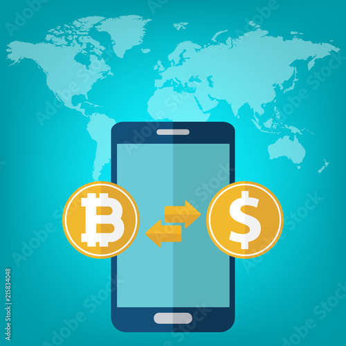 Bitcoin to dollar currency exchange. Cryptocurrency, bitcoin exchange. Vector illustration