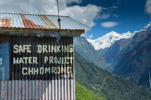 Safe drinking water sign at Chhomorong in the seen trekking in the Himalayas of Annapurna, Nepal.