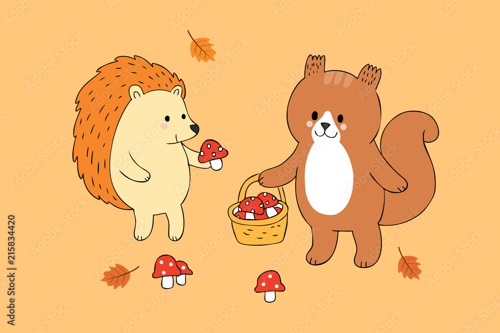 Fototapeta premium Cartoon cute Autumn squirrel and hedgehog and mushrooms vector.