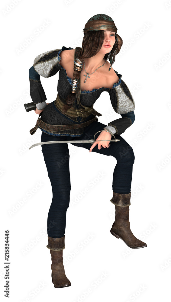 3D Rendering Pirate Woman on White