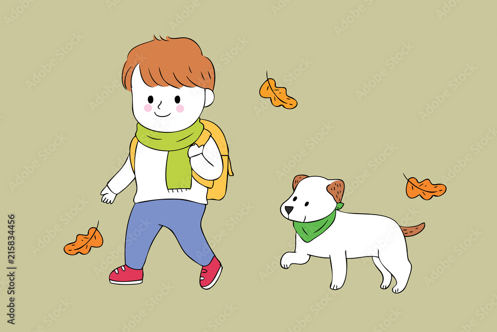 Cartoon cute student and dog walking to school vector.