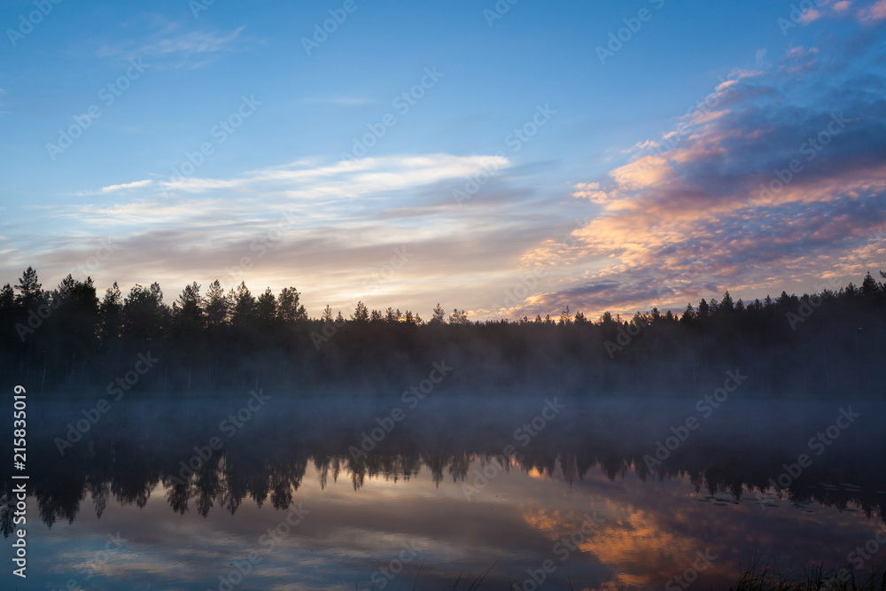 Fototapeta premium Foggy morning at forest pond landscape Finland