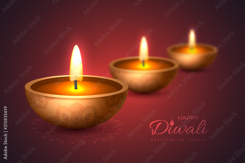 Diwali diya - oil lamp. Holiday design for traditional Indian festival of lights. 3D realistic style with blur effect on rangoli purple background, vector illustration. Diwali diya - oil lamp. Holiday design for traditional Indian festival of lights. 3D realistic style with blur effect on rangoli purple background, vector illustration.
