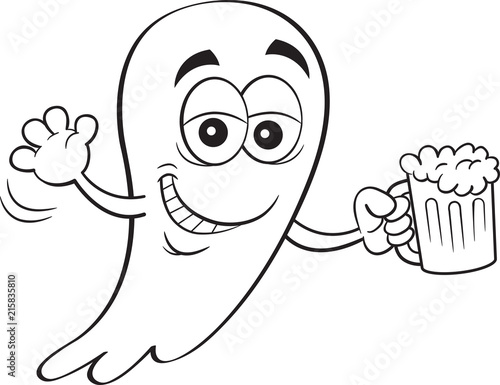 Black and white illustration of a smiling ghost holding a beer.