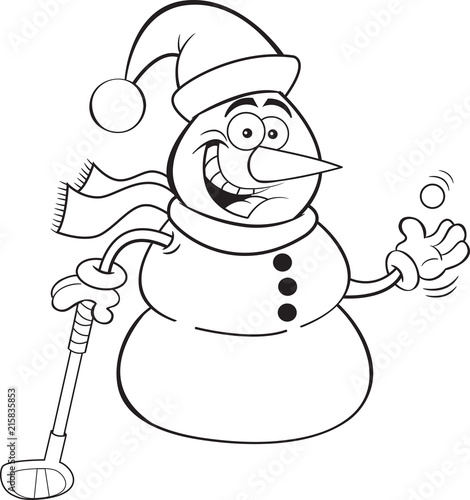 Black and white illustration of a snowman holding a golf club.