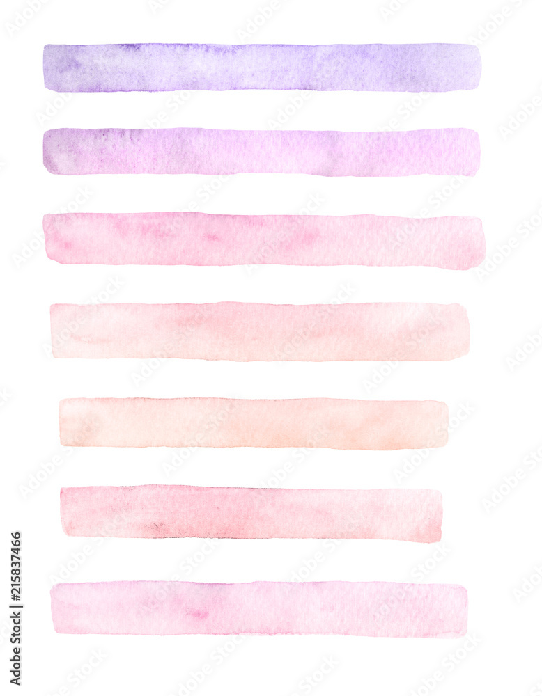Hand drawn watercolor set of brushstrokes of yellow, pink and purple colors isolated on the white background. Pastel brush textures for your design. - obrazy, fototapety, plakaty 