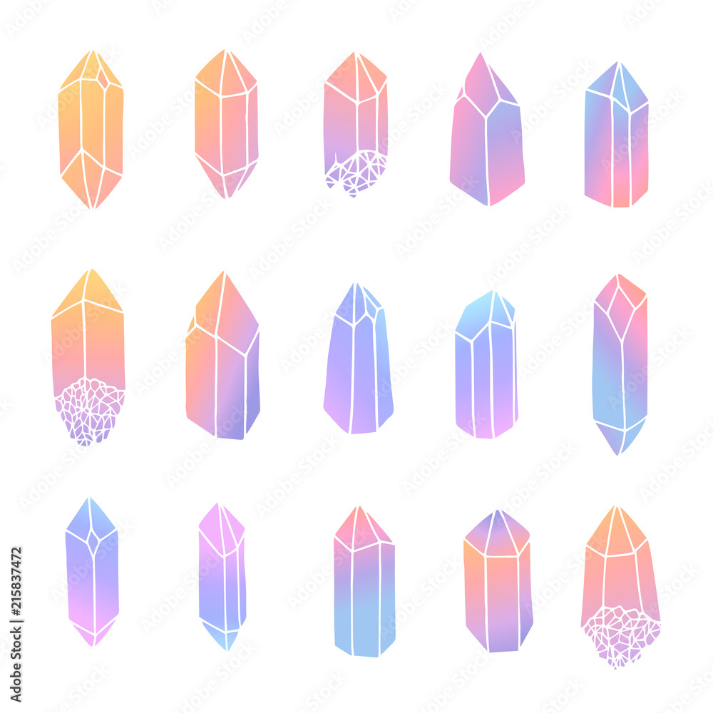 Hand drawn vector crystals set isolated on the white background. Gemstones in pastel gradient colors collection. Hand drawn vector crystals set isolated on the white background. Gemstones in pastel gradient colors collection.