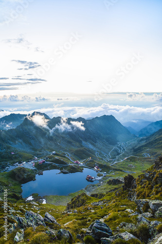 Aerial view of Balea lake in Romania s Fagaras mountains