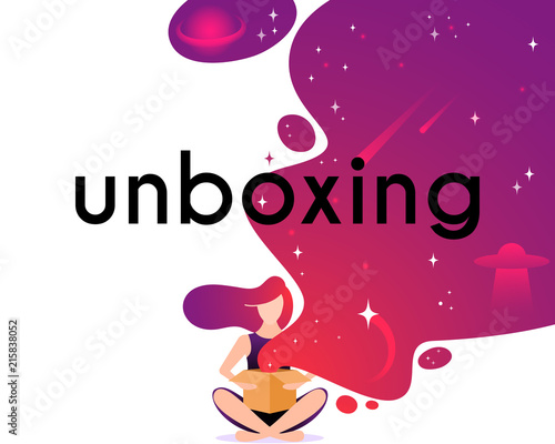 Girl open box in flat style. Cartoon character vector illustration.