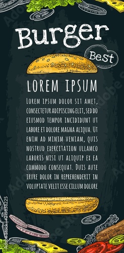 Burger with flying ingredients on white background. Vector black vintage engraving