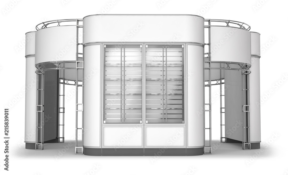 Exibition stand with semi-circular side panels and showcases. Set of 3d illustrations Exibition stand with semi-circular side panels and showcases. Set of 3d illustrations