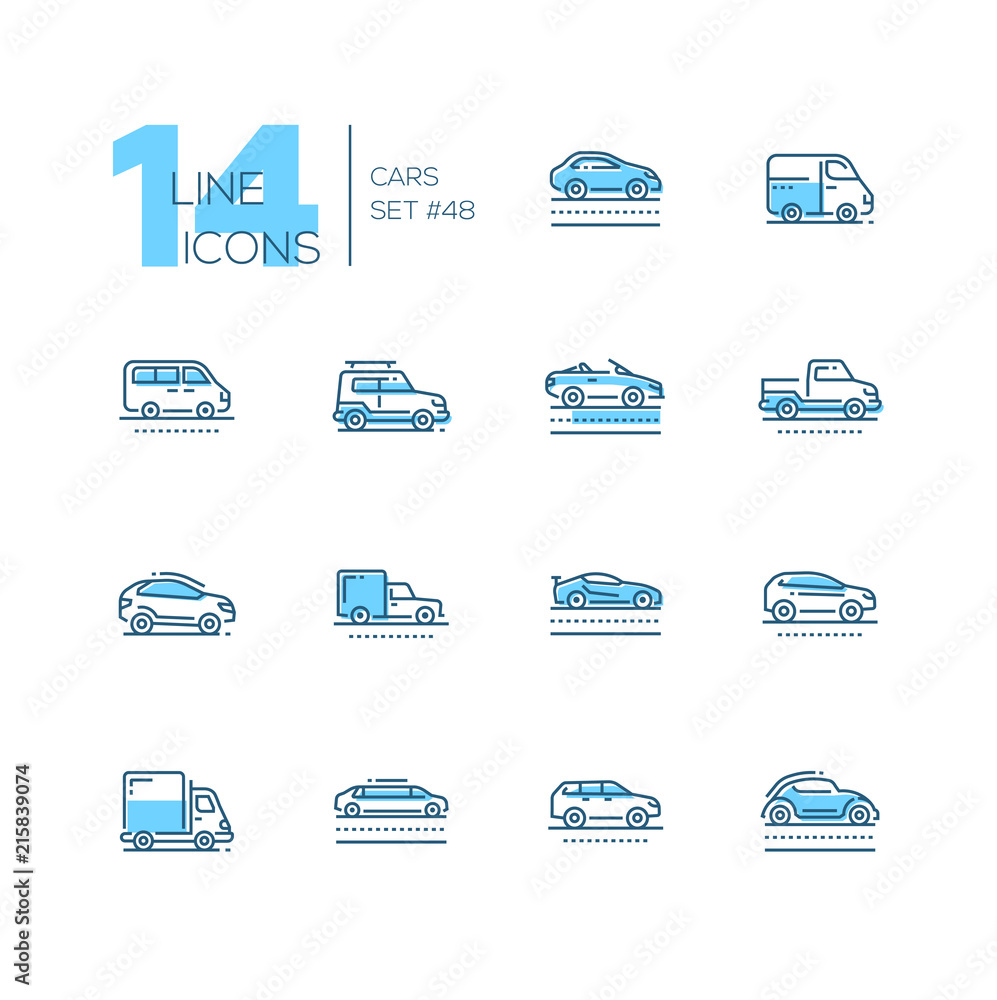 Cars - set of line design style blue icons Cars - set of line design style blue icons