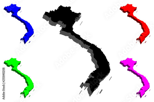 3D map of Vietnam (Socialist Republic of Vietnam) -  black, red, purple, blue and green - vector illustration
