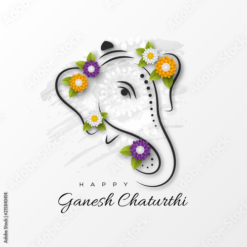 Holiday design for traditional Indian festival of Ganesh Chaturthi. Hand drawn illustration with paper cut style flowers. Grunge rangoli white background, vector illustration.