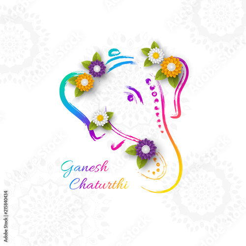 Holiday design for traditional Indian festival of Ganesh Chaturthi. Hand drawn illustration with paper cut style flowers. Grunge rangoli white background, vector illustration.