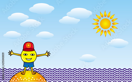 Sunny smiling little man opens his arms, hugs on the beach against the backdrop of the sea, the sun and clouds. Cartoon vector graphic.