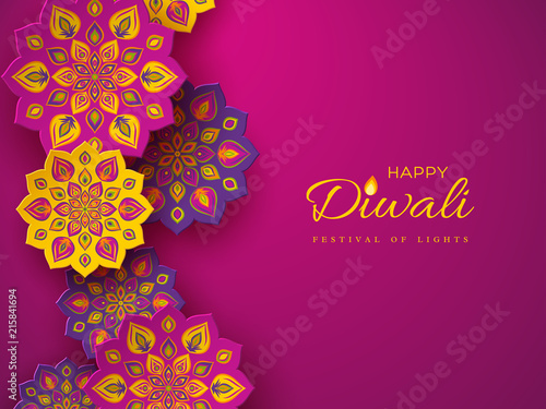 Diwali festival holiday design with paper cut style of Indian Rangoli. Purple color background, vector illustration.
