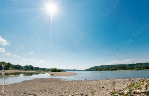  Low water level in the dried-out riverbed of the river Rhine, North Rhine-Westphalia, Germany