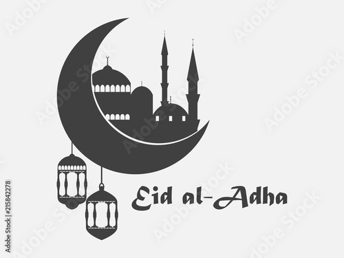 Eid al-Adha. Mosque, crescent and lantern. Kurban Bajram muslim festival of sacrifice. Ramadan Kareem. Vector illustration