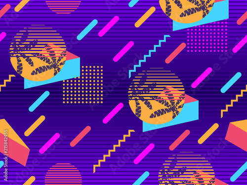 Memphis seamless pattern with palm tree. Geometric elements memphis in the style of 80s. Synthwave futuristic background. Retrowave. Vector illustration