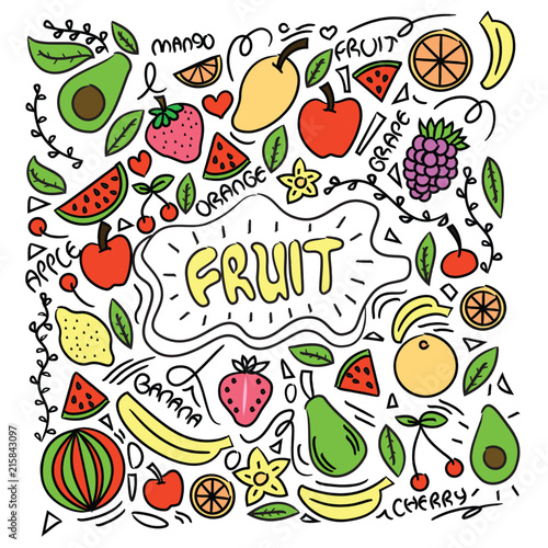 Collection of cartoon juicy fruits and berry. Vector illustration. Set of colorful fruit and berries. Fruit hand drawn in doodle style.