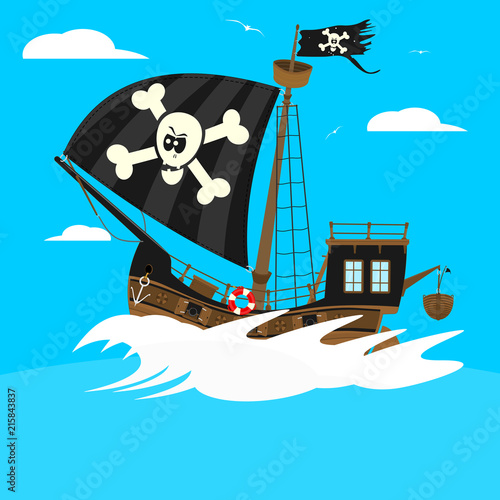 Cartoon pirate ship on a square blue background. Flat vector of a fairy-tale ship.