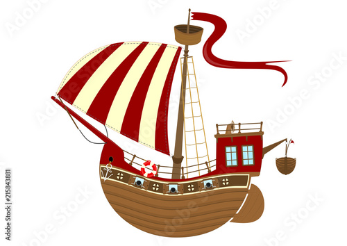 Cartoon sailing ship on a white background. Side view of fairytale ship. Flat vector.