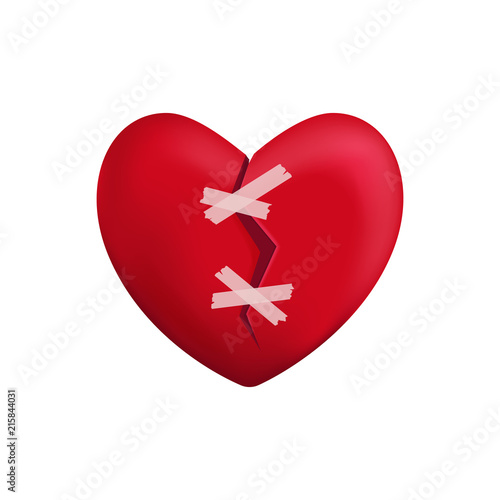 Realistic Detailed 3d Red Broken Heart with Patch. Vector