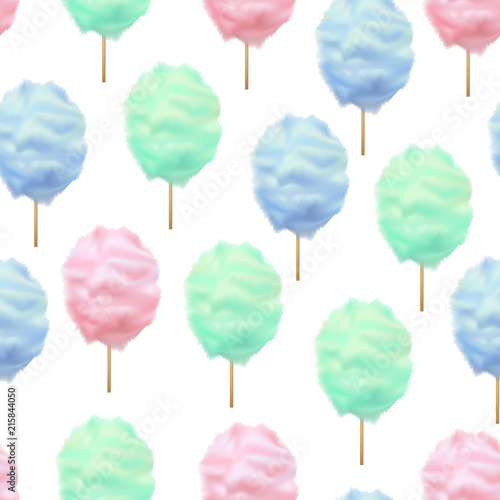 Realistic Detailed 3d Color Cotton Candy Seamless Pattern Background. Vector