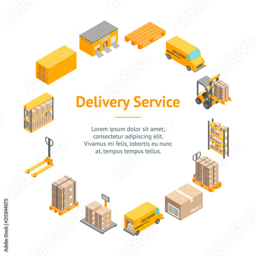 Logistic Delivery Service Banner Card Circle Isometric View. Vector
