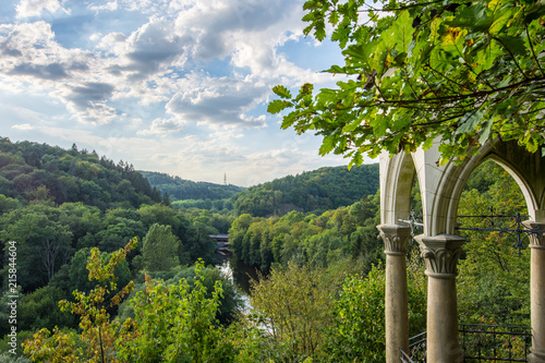 View from a temple in the valley with a river at the sunset