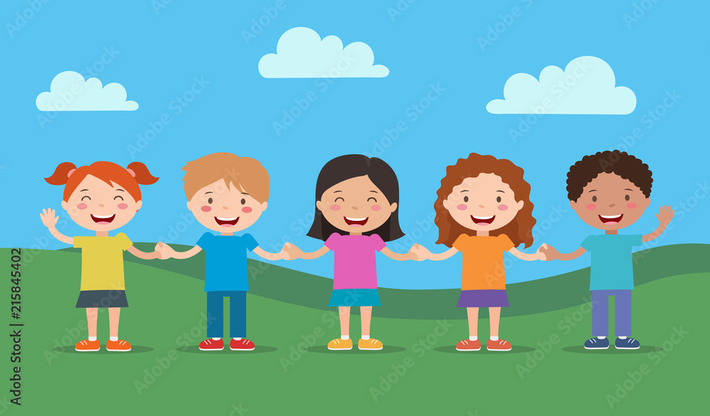 Happy children illustration, different cartoon boys and girls, friendship, cultures, races. Vector illustration in flat style