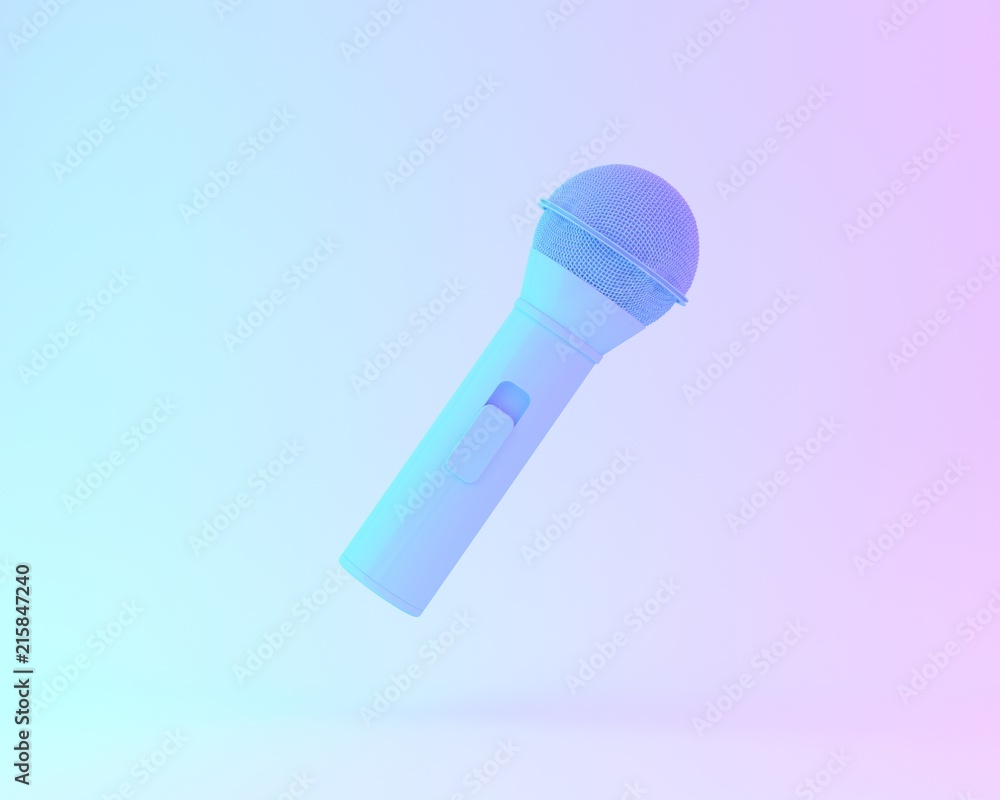 Creative layout of microphone painted in blue and vibrant bold gradient purple and blue holographic color lights background. minimal concept. surrealism art. Creative layout of microphone painted in blue and vibrant bold gradient purple and blue holographic color lights background. minimal concept. surrealism art.