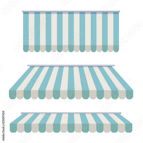 A set of striped awnings, canopies for the store. Awning for the cafes and street restaurants. Vector illustration isolated on white background. photo