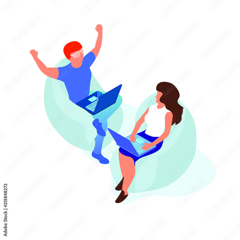 The concept of the working process of a team of two people. Successful work. Isometric 3d The concept of the working process of a team of two people. Successful work. Isometric 3d