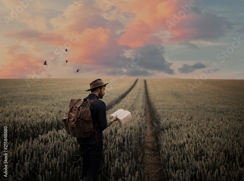 Man walking in a field at sunset