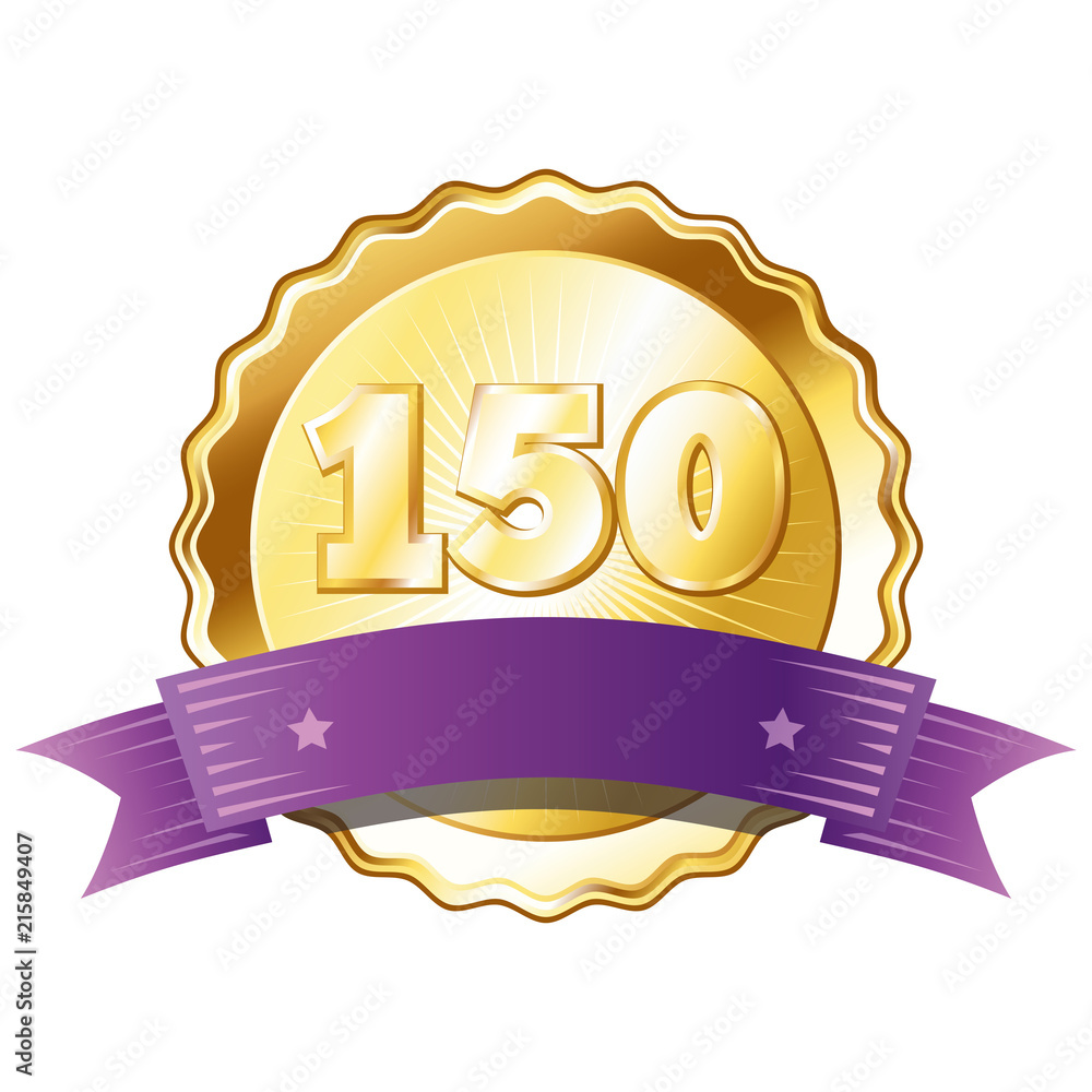 Gold Plate - Badge with Number 150 with a Purple Ribbon. Stock Vector